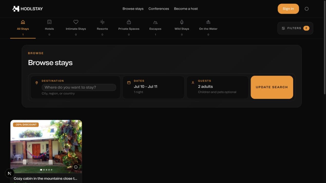 HodlStay stay discovery and search interface