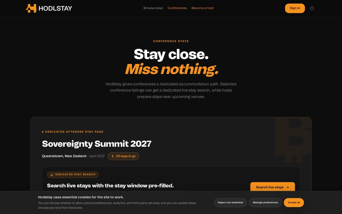 HodlStay conference accommodation interface
