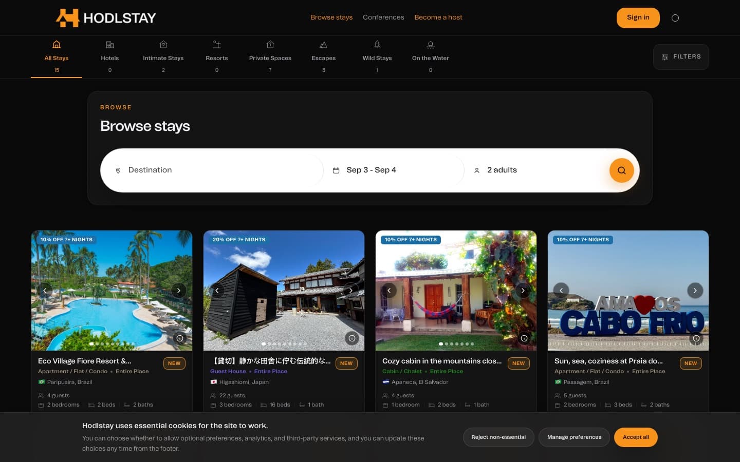 HodlStay stay discovery and search interface