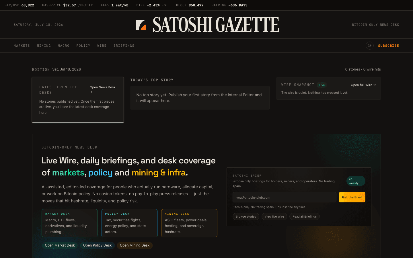 Satoshi Gazette live Bitcoin newsroom homepage