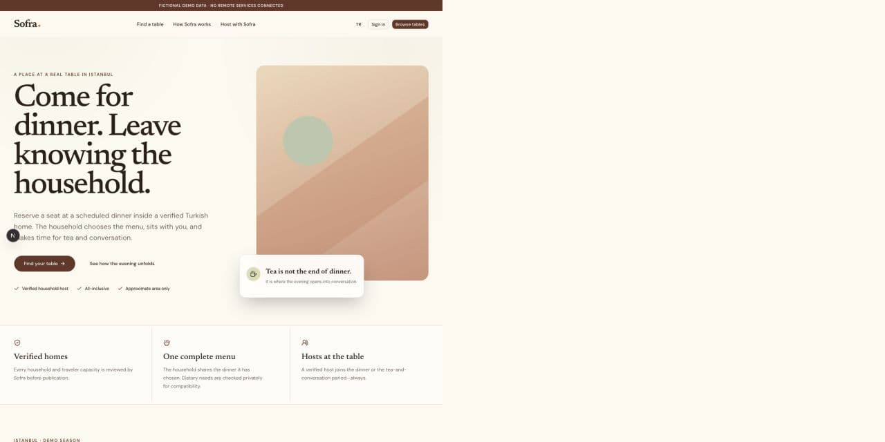 Sofra public discovery demo screen with fictional data